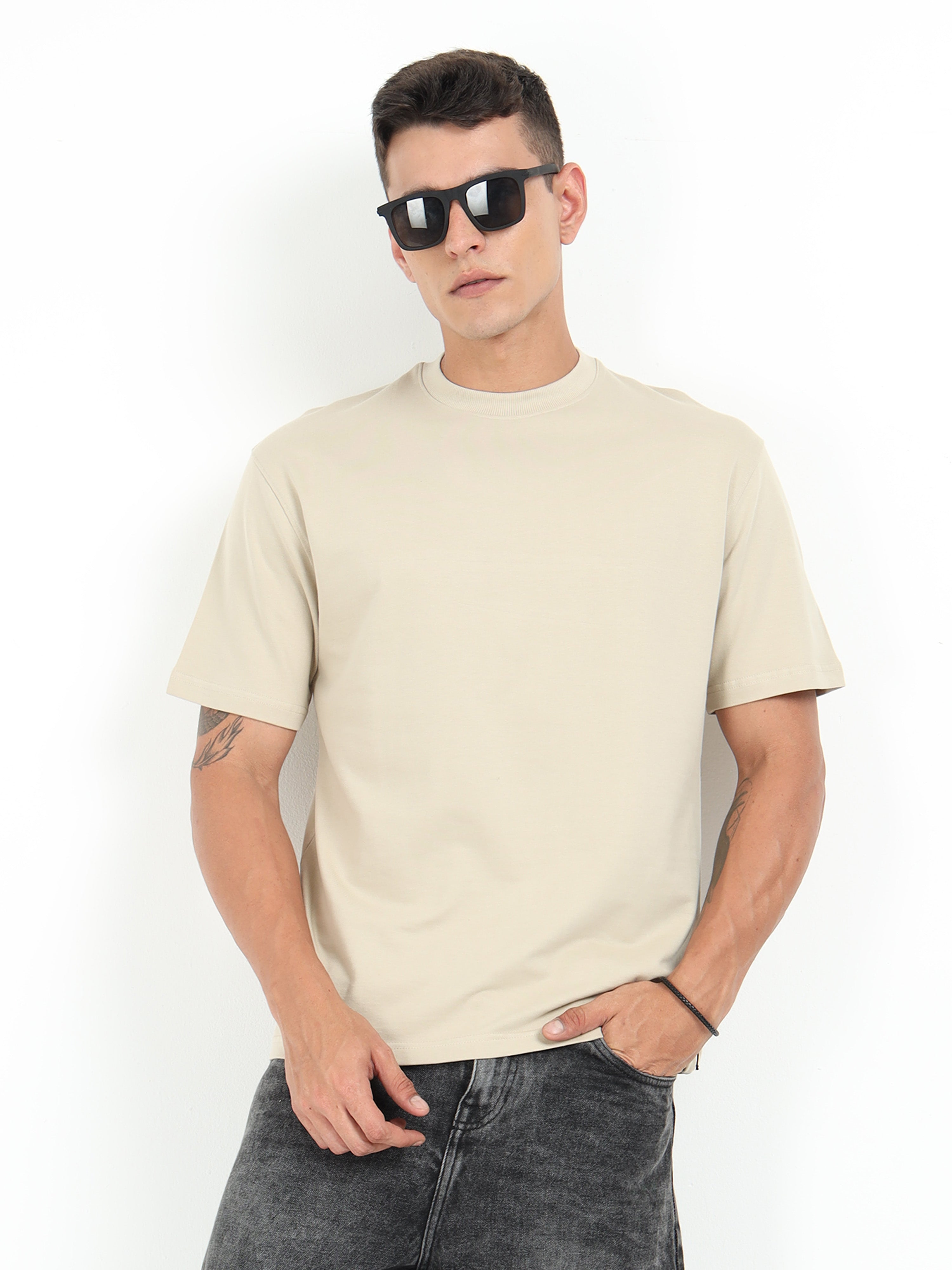 Beige Solid Oversized Tee