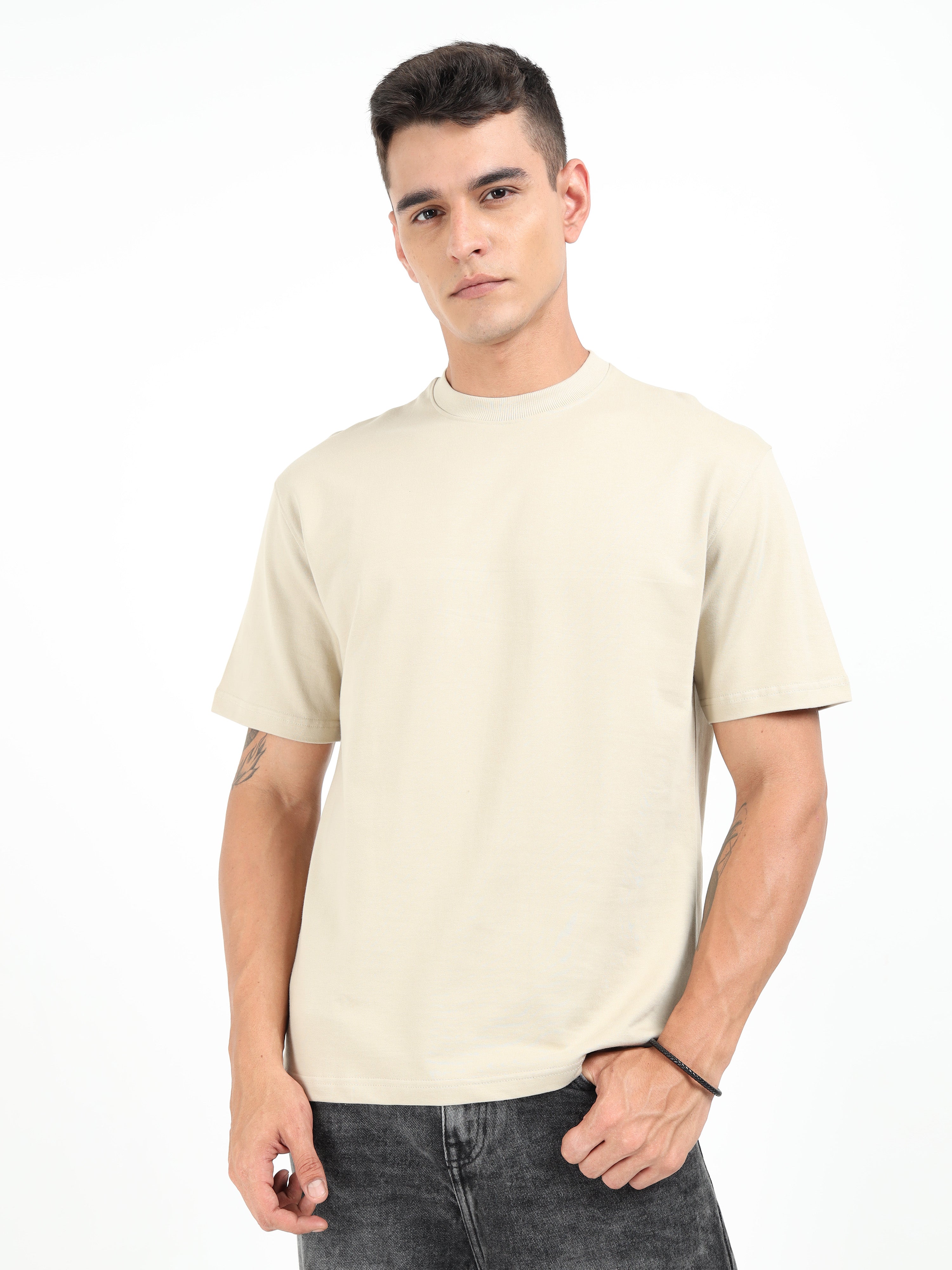 Beige Solid Oversized Tee