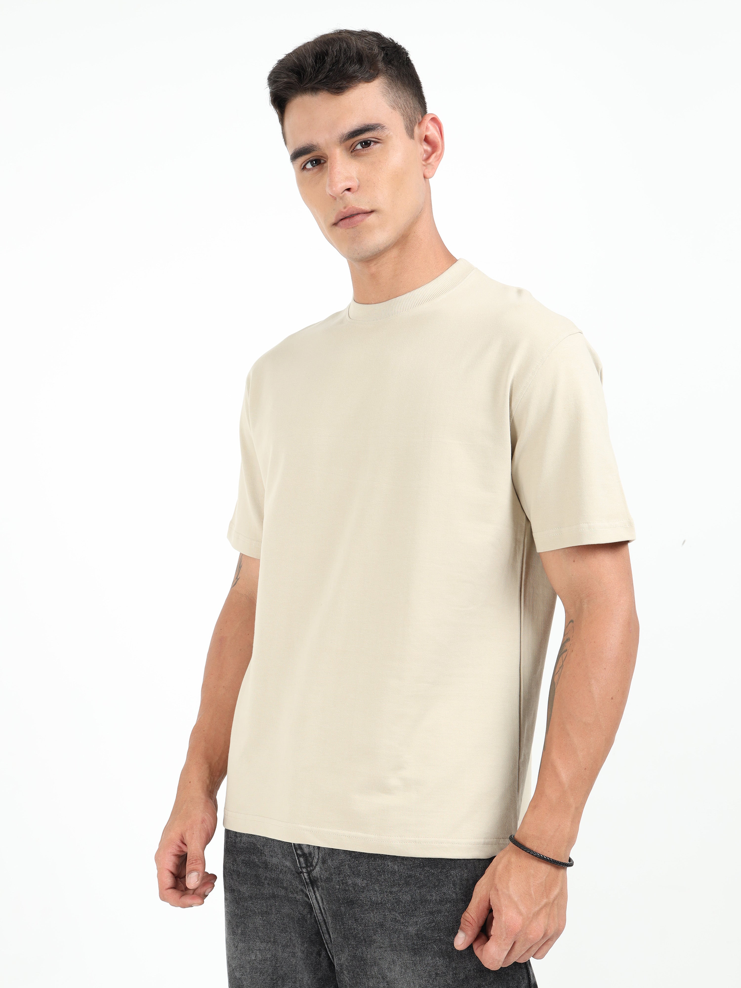 Beige Solid Oversized Tee