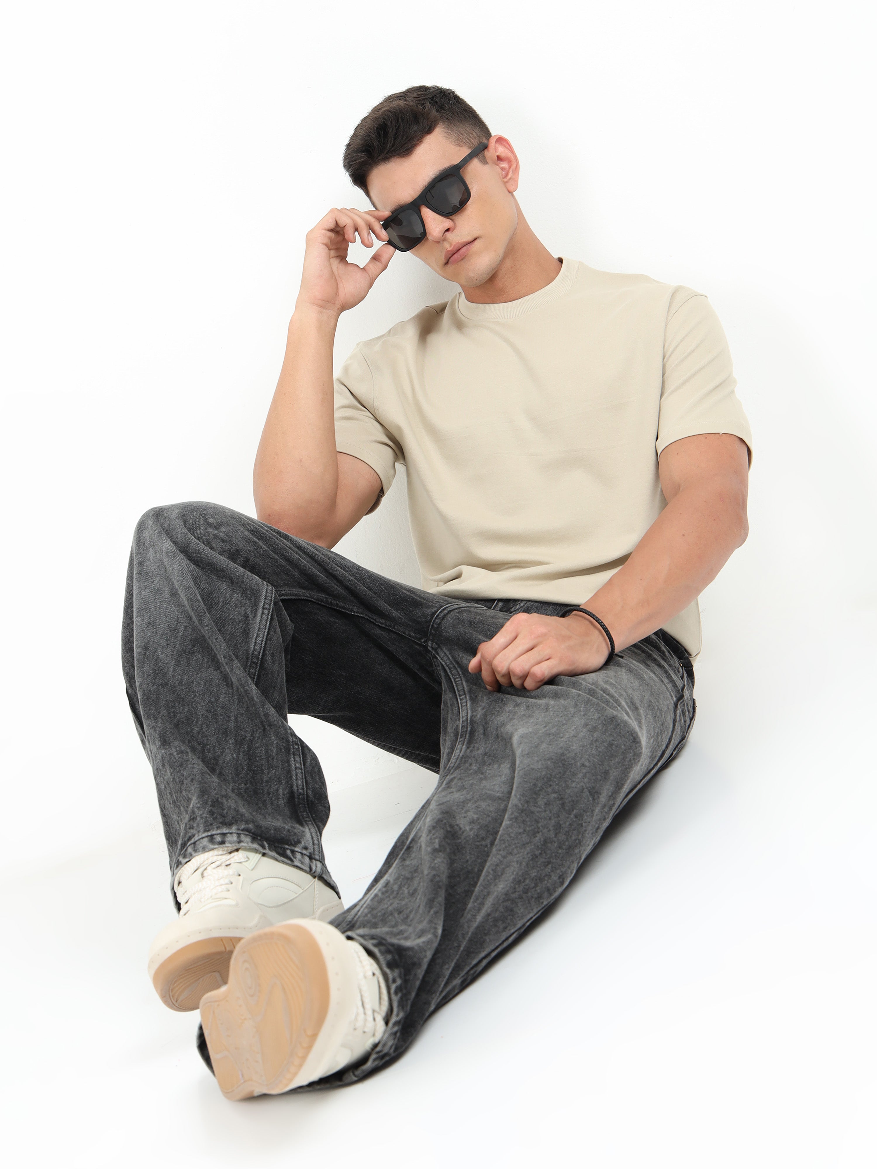Beige Solid Oversized Tee