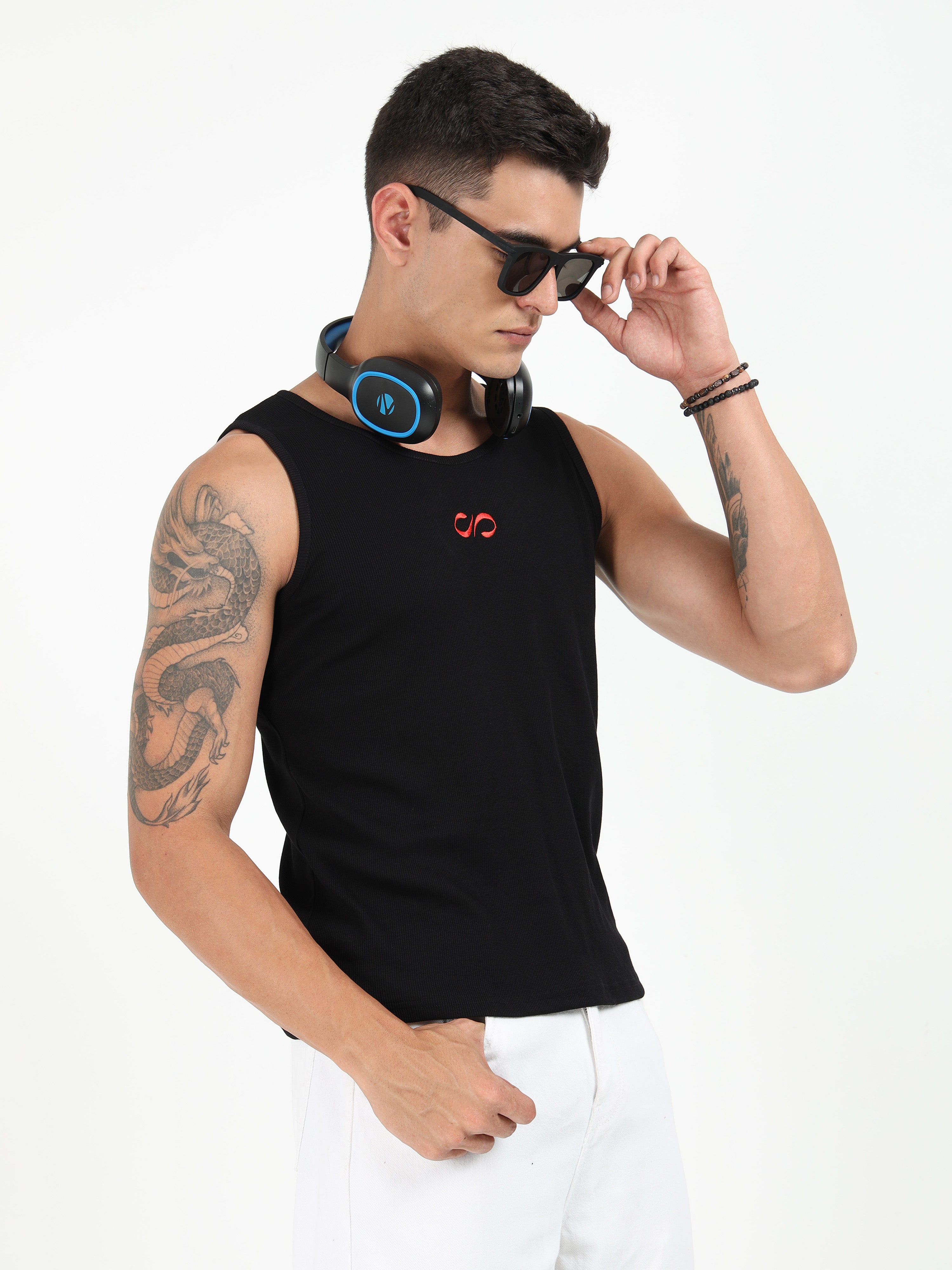 Black Embroidered Men's Tank Top
