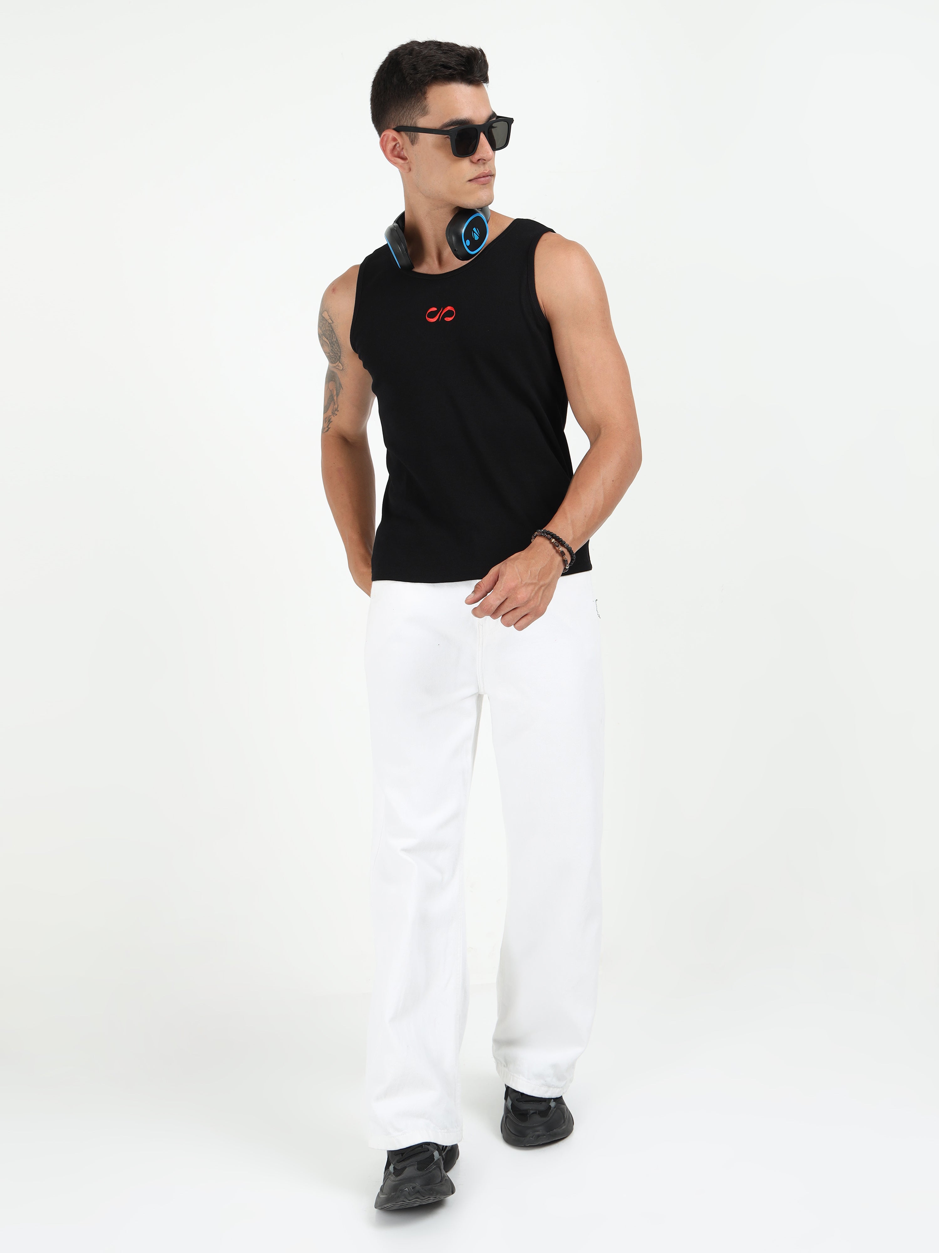 Black Embroidered Men's Tank Top