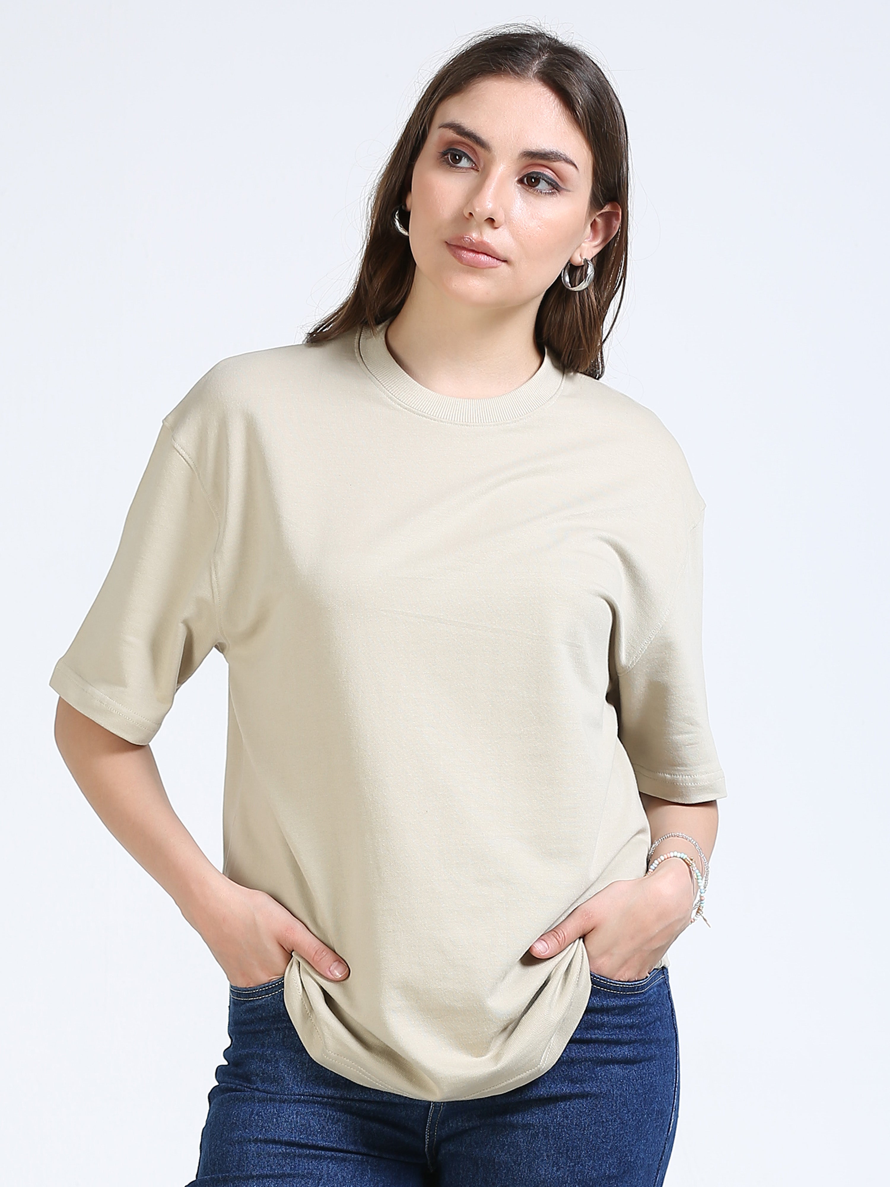 Beige Solid Oversized Tee