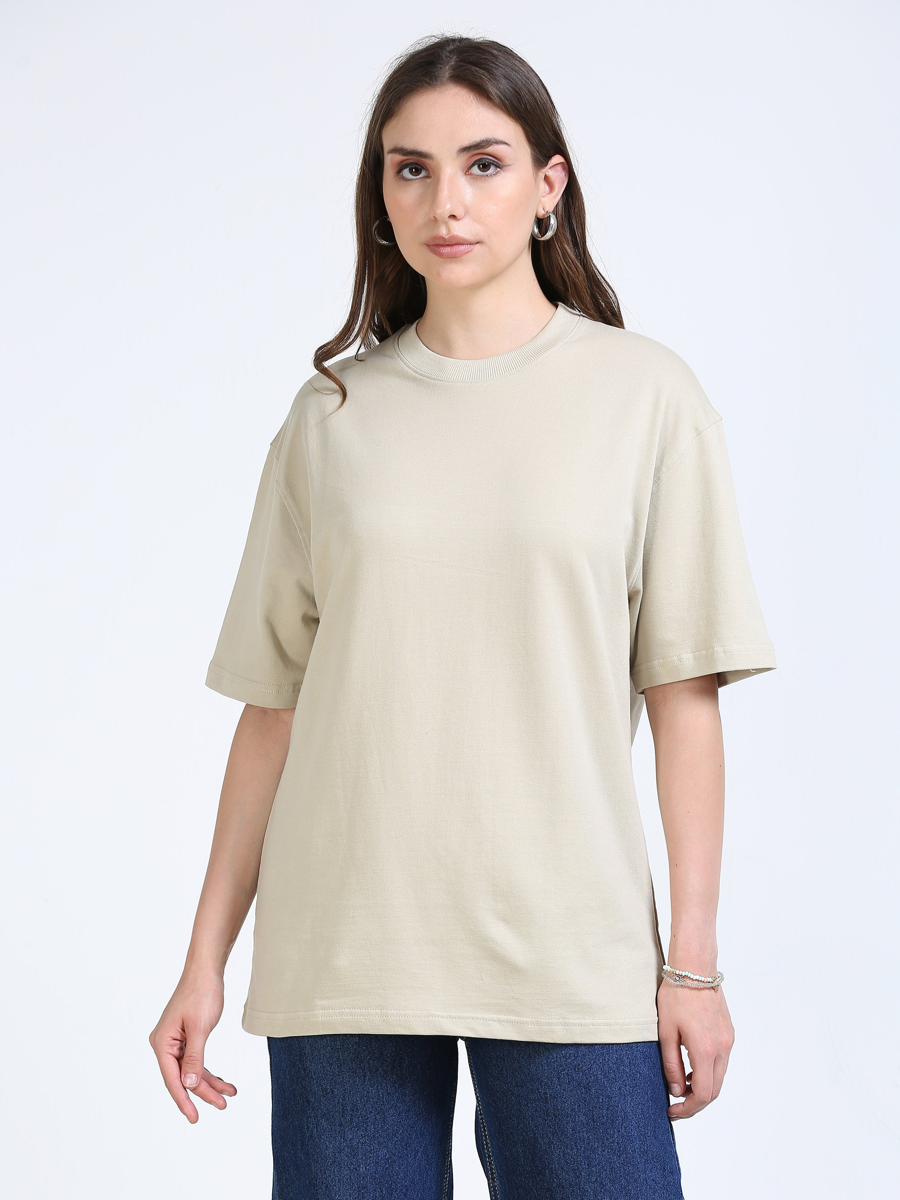 Beige Solid Oversized Tee