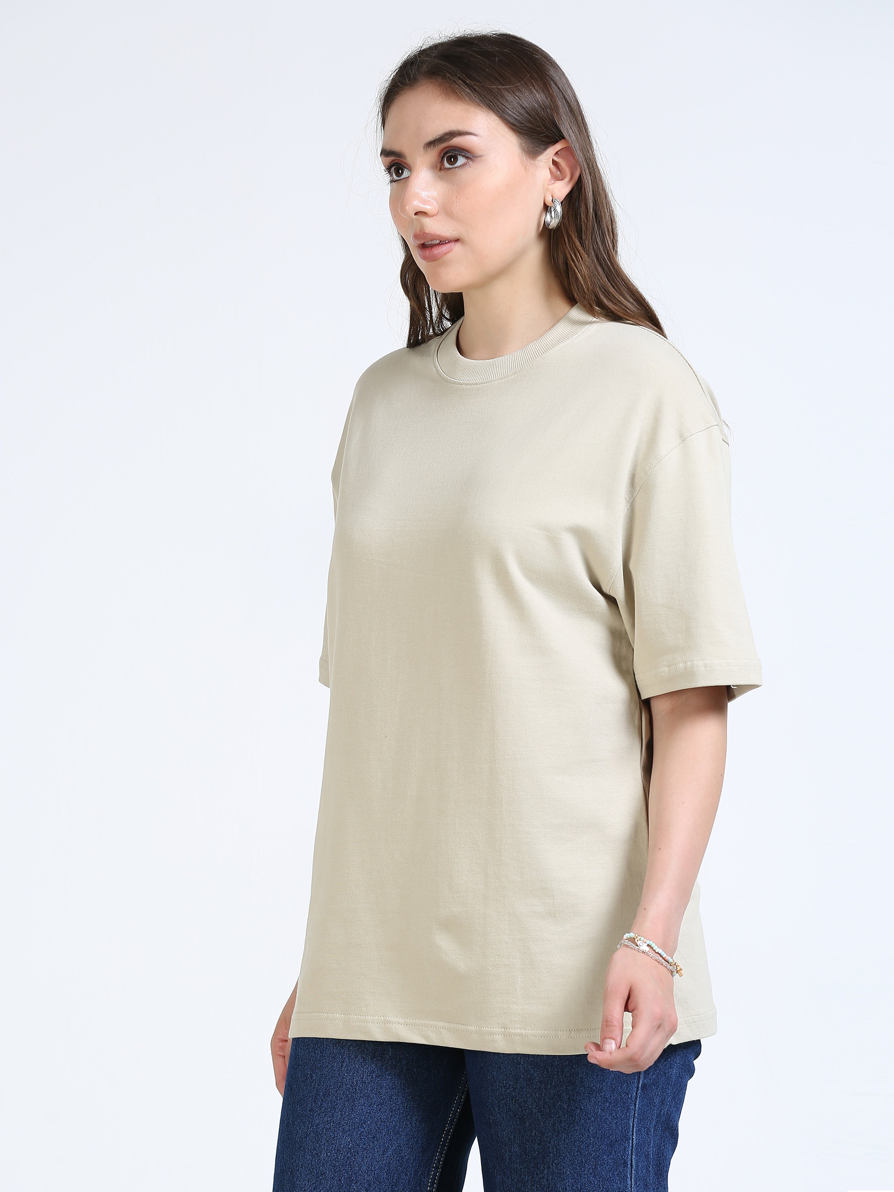 Beige Solid Oversized Tee