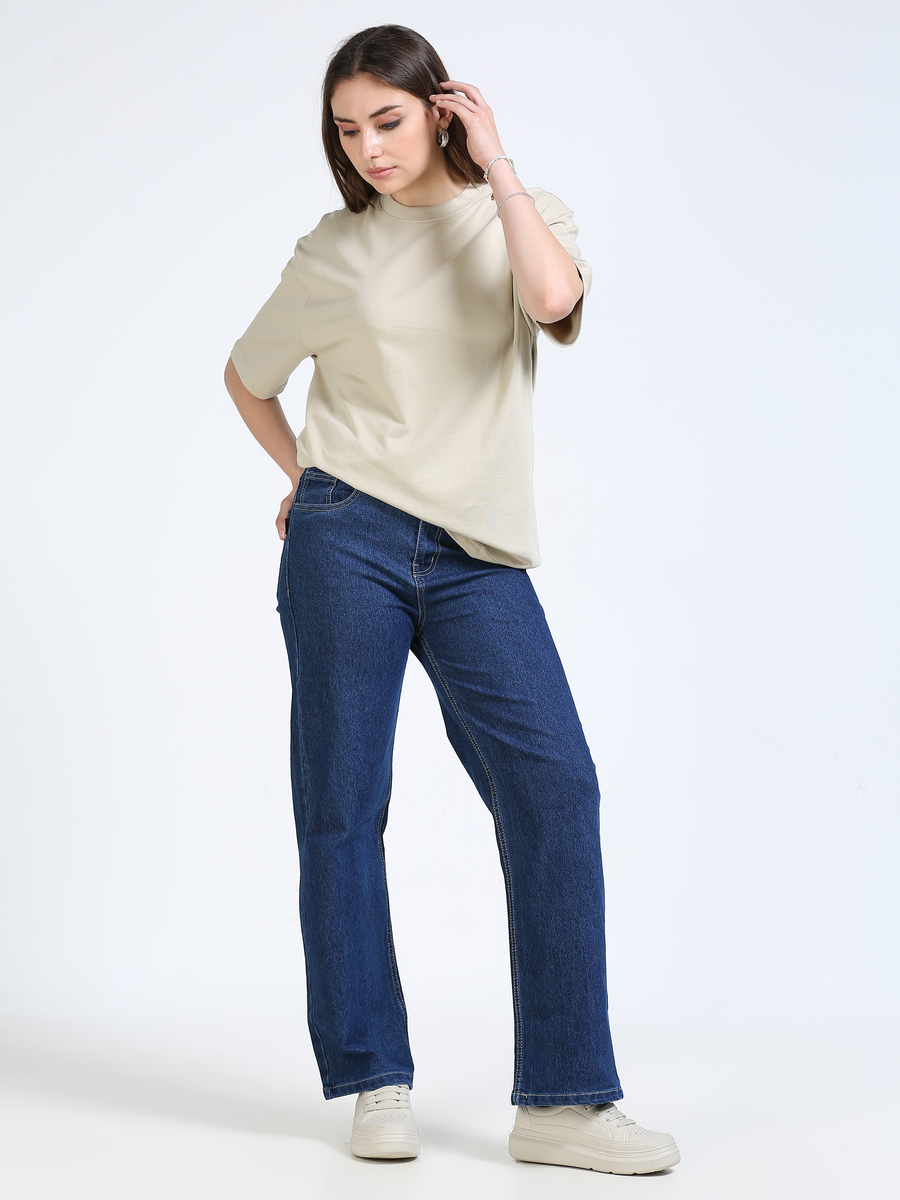 Beige Solid Oversized Tee