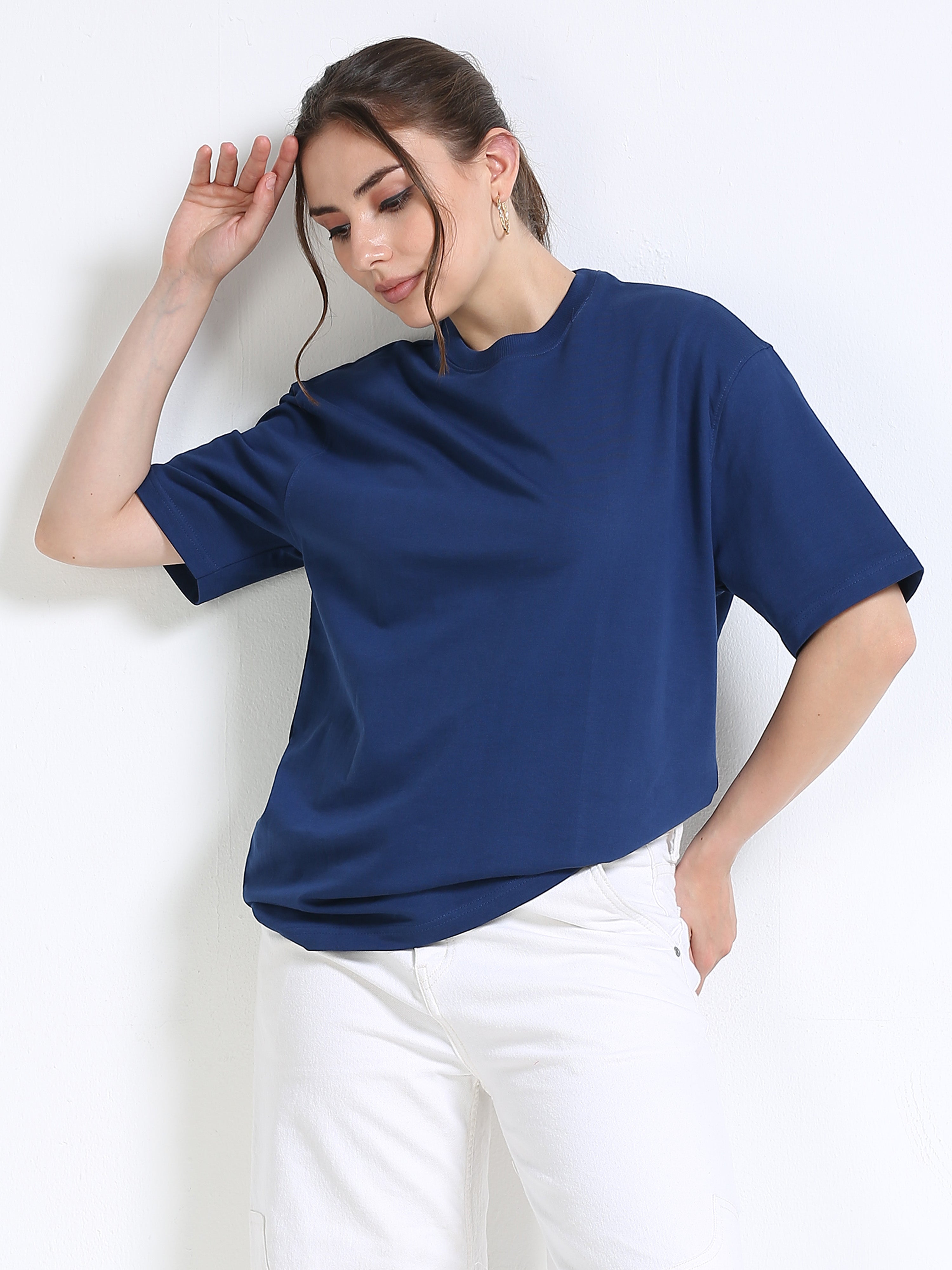 Navy Blue Solid Oversized Tee