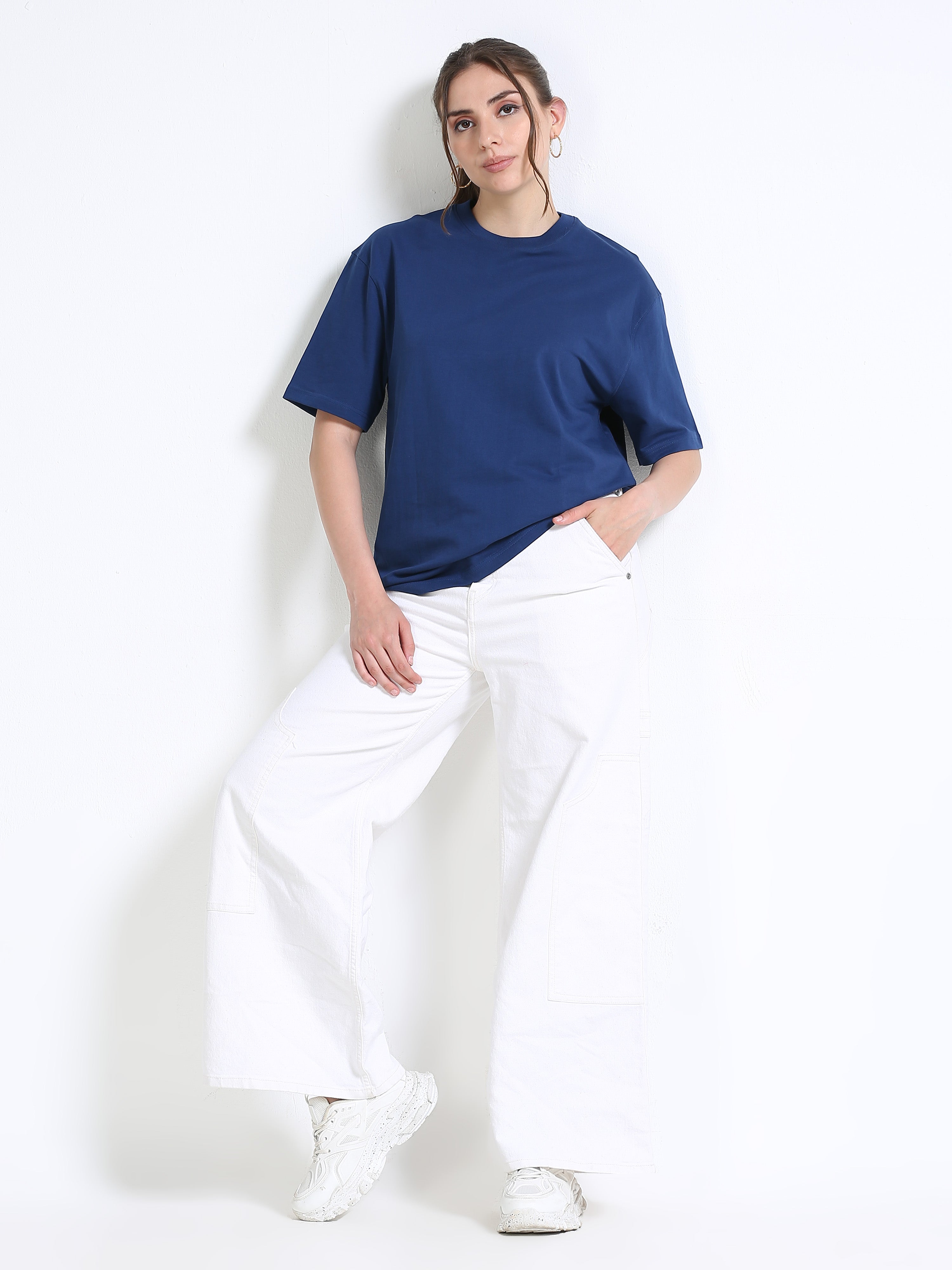 Navy Blue Solid Oversized Tee